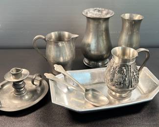 Pewter chamberstick, pitcher, shaker, mug, tray, etc.