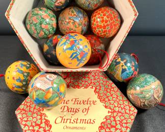 Vintage 12 Days of Christmas paper mache ornaments with box