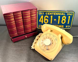Photo album set, vintage rotary phone, WV license plate