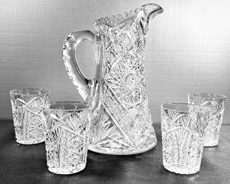 Cut crystal pitcher and 4 matching tumblers