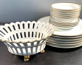 Reticulated centerpiece bowl, plates and fruit dishes