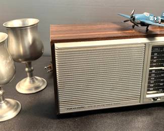 AM FM radio, pewter goblets, Grumman F6F Hellcat model WW2 plane