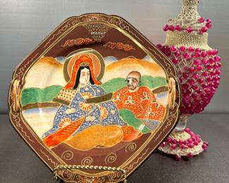 Vintage Japanese Satsuma plate and decorative apothecary jar