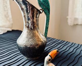 Sterling silver enamel toucan By Saturno and Mexican Taxco silver on copper pitcher with parrot handle