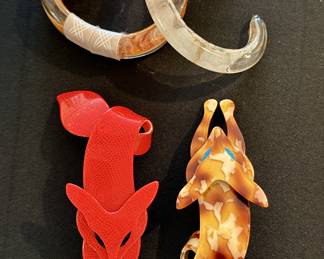 Handcrafted glass bangles and Lea Stein fox brooches