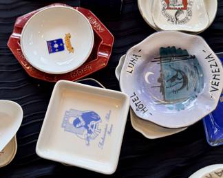 Large collection of vintage ashtrays sourced from international hotels and restaurants