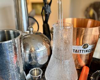 Vintage and contemporary barware including Iitatala Ultima Thule carafe designed by Tapio Wirkkala, Tatting Champagne bucket and Cromargan Stainless Martini Pitcher