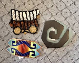 Vintage brooches, including Judy Chicago rainbow enamel cloisonné  (lower L)