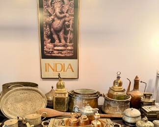 Vintage brass trays, buckets, teapots and other vessels