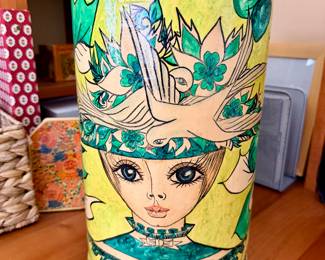 Mid Century Folk Art Papier Mache waste basket.  Made in Mexico, signed Abelardo Ruiz.