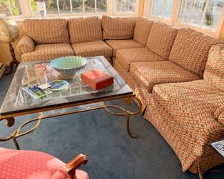 Custom sectional sofa, glass topped coffee table