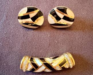 14K enamel pierced earrings with French clip backs and pendant/enhancer