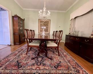 Fabulous Solid Mahogany Dining table with leaves by Mount Airy Furniture
Twin pedestal baluster bases
Karastan wool Rug