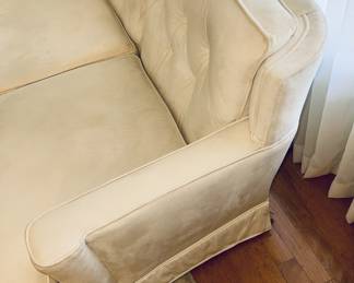 Large Drexel Shelter back Sofa upholstered in Creme Ultra Suede and wonderful Pecan legs with Brass caps