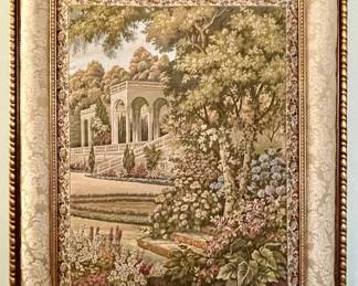 Large Custom Fit and Framed Vintage Como Garden with Trellis Border Italian Tapestry.
