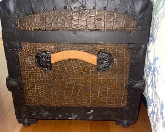 Antique Alligator Roll top trunk. Leather handles, lined interior, and original tray.
