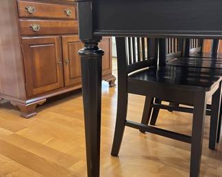 Large Solid Wood Farm Table in a warm Black Paint finish.
1 leaf. 6 chairs