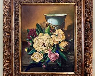 Original Floral Still life Painting in a heavy ornate frame