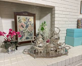 Vintage Silver Coffee and Tea Service 
Coffee Pot with Samovar Stand and burner, Tea Pot, Chocolate Pot, waste pot, creamer, Sugar with lid, Large Oval Service Tray 