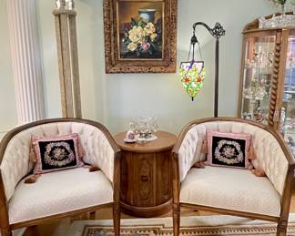 Vintage Drexel Barrel Back, Cage Frame chairs, tufted. Pecan.
Vintage Drexel Drum cabinet. Pecan