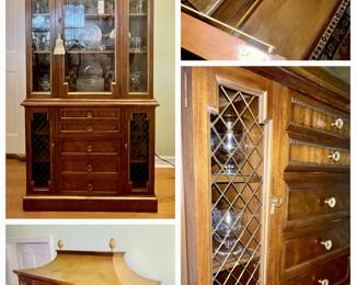 Vintage Drexel Chinoiserie Curio.
Brass finial top decor and Woven Brass cabinet door fronts.
5 lower drawers with 2 side cabinets.