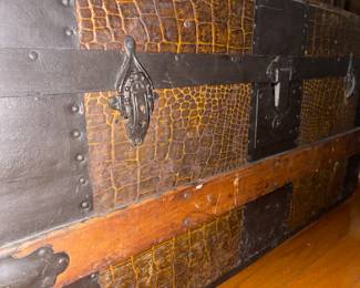 Antique Alligator Roll top trunk. Leather handles, lined interior, and original tray.