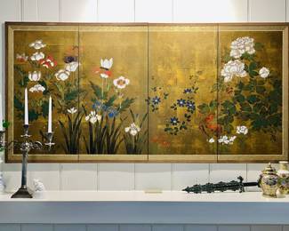 Early 20th-century Japanese four-panel Byobu screen "Springtime Joy"
73 in. W x 1.5 in. D x 36 in. H
Original Painting on Silk & Vintage Rice Paper 4 piece