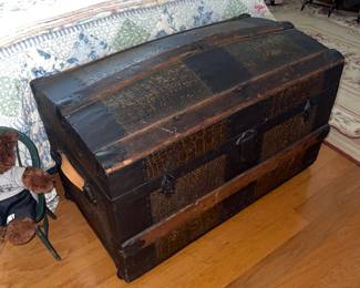 Antique Alligator Roll top trunk. Leather handles, lined interior, and original tray.