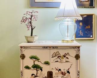 Vintage White Chinoiserie Chest. Cabinet shelves and 1 drawer