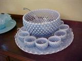 Opalescent hob nail punch bowl and ladle