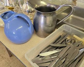 Flatware, Stainless Steel Water Pitcher & Hall Blue Ceramic Pitcher