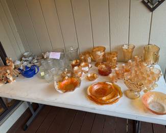 Jeanette Glass "IRIS" Peach & Clear glassware - Hall "Genie" T-Pot - Lusterware Japanese set & 3 pc Deer Figurines
