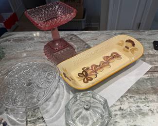 pink depression glass, cake stands and California Pottery Bread Dish