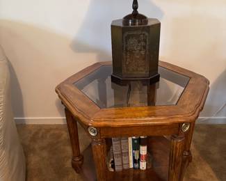 side table with brass Asian "tea Box" lamp
