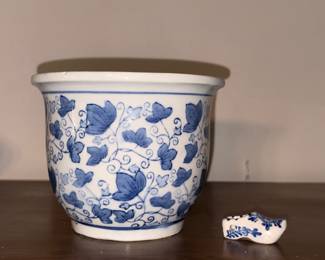 Blue and white flower pot and shoe