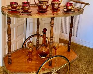 Italian marquetry style cart with brass gallery