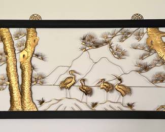 Asian framed brass wall sculpture, one of pair