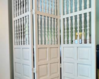 3 panel painted wooden folding screen, one of pair