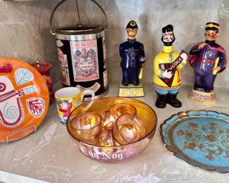 English and French decanters, iridescent egg nog aet