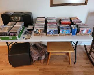 A Good quantity of CDs and DVDs.  Many DVDs are still sealed.
Plenty of Christmas CDs