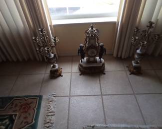 Mantel clock and candleabras