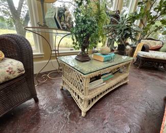 Wicker glass top coffee table.