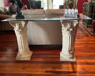 double collum pedestal glass top table