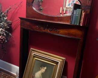 Mahogany mantle. assorted artwork