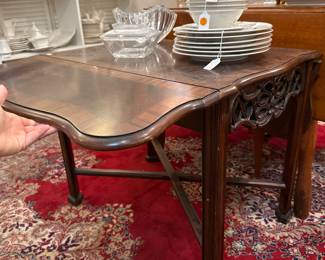 Wood carved side tables (2) with double drop leaf top $140 + tax each