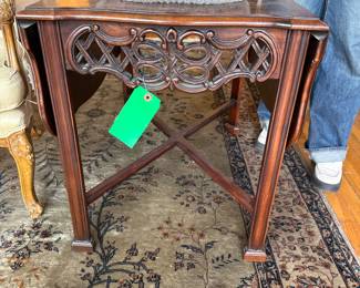 Wood carved side tables (2) with double drop leaf top $140 + tax each