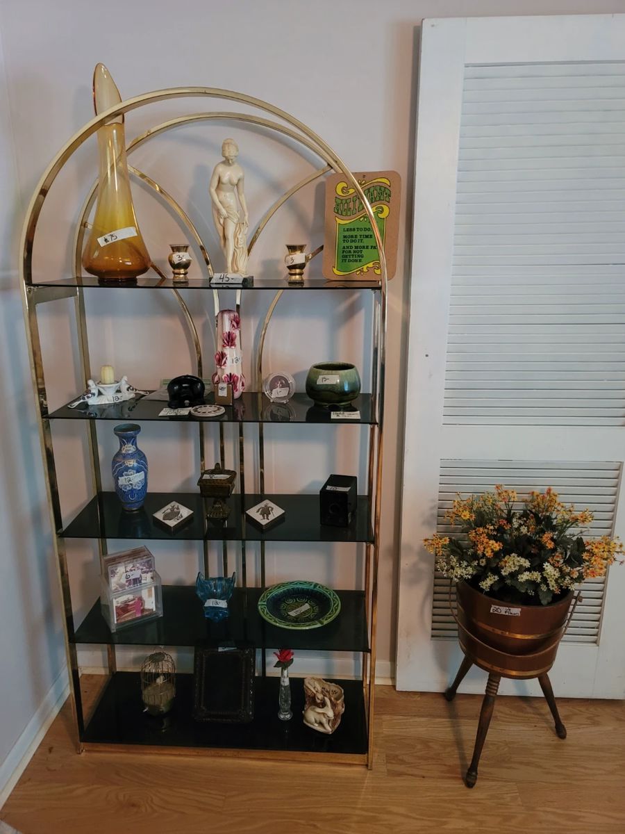 MCM Style Arched Brass Etagere Shelf, MCM Amber Swung Vase, Vintage Barrel Plant Stand