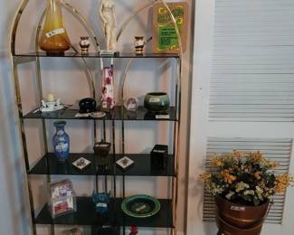 MCM Style Arched Brass Etagere Shelf, MCM Amber Swung Vase, Vintage Barrel Plant Stand
