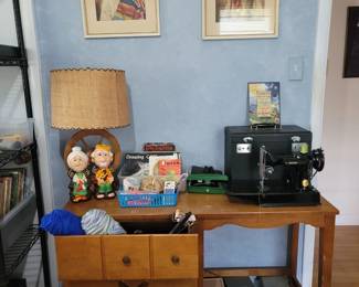 Vintage Maple Desk, Vintage Singer Featherweight 221 Sewing Machine