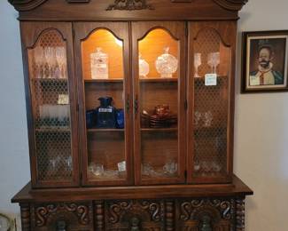 Vintage China Cabinet, Blenko Blue Pitcher & Glass Set, Vintage Luncheon Dish Set. Crystal, Red Skelton Joey Art